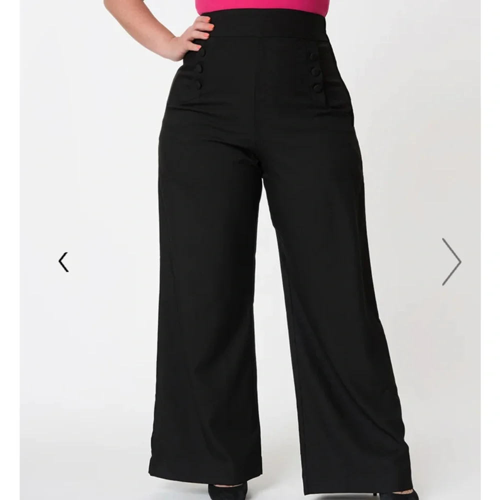 New Unique Vintage hi waist black wide leg sailor ginger pants plus - Picture 2 of 5